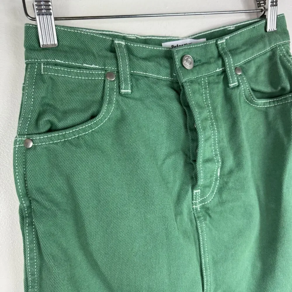 Reformation Cowboy High Rise Denim Mini Skirt Green‎ Size 25 Button Fly